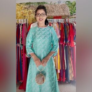 New Ao dai ha dong, Vietnamese modern / contemporary long dress set 2 m green 🎁